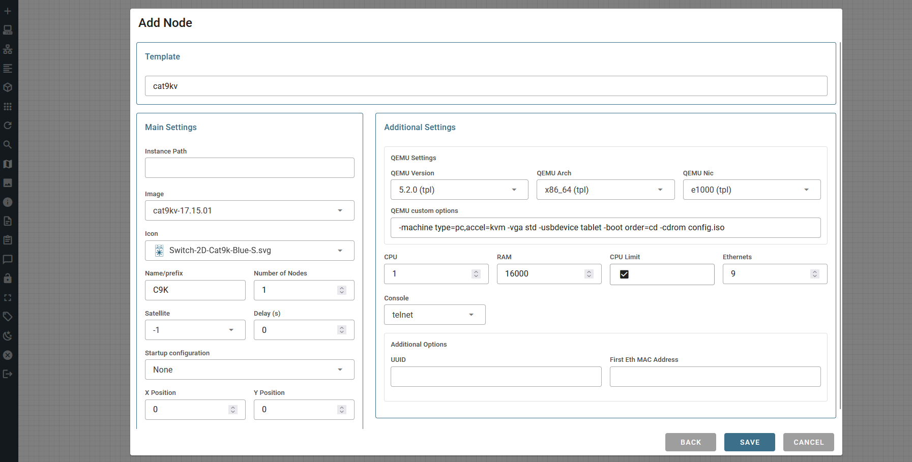 EVE-NG node creation screen highlighting where to set CPUs to 1