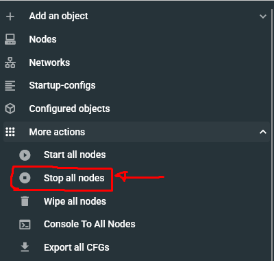 EVE-NG side tab showing Stop all nodes button